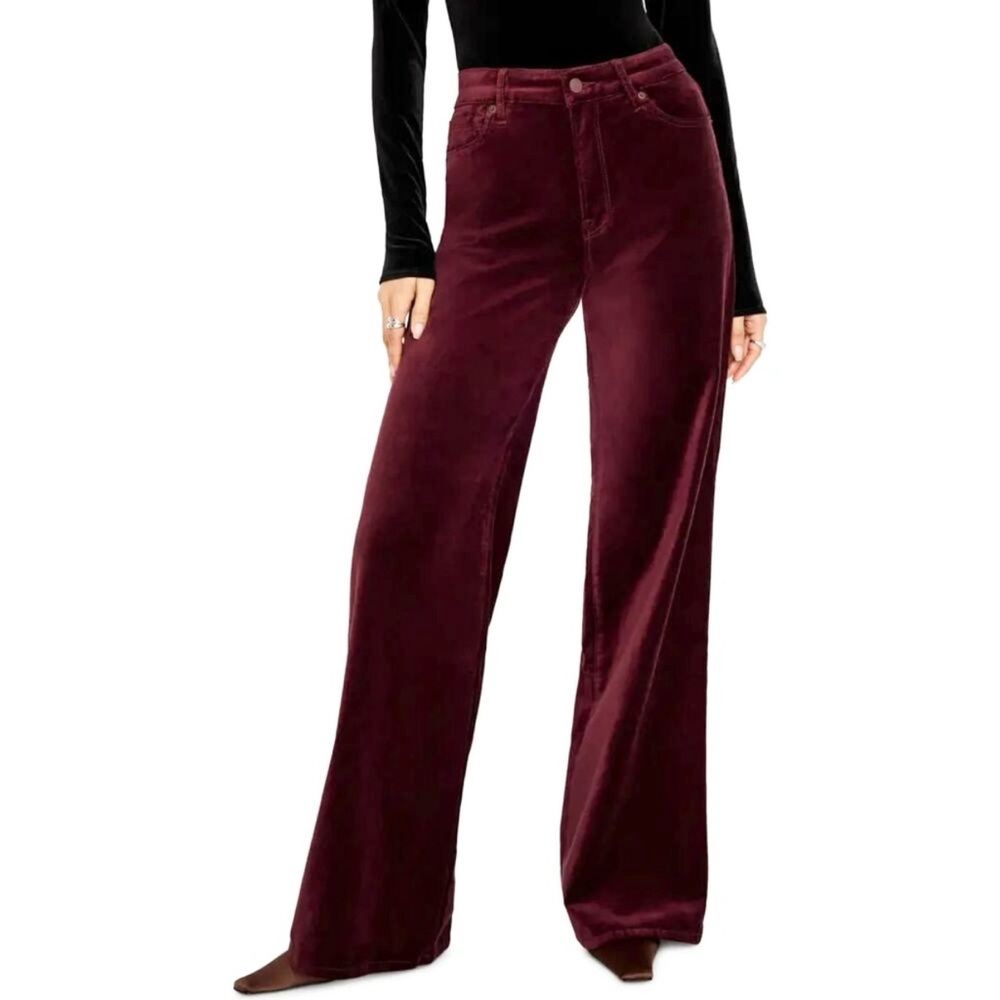 Good American Good Skate Velvet Velour High Rise Wide Leg‎ Pants Red Size 30